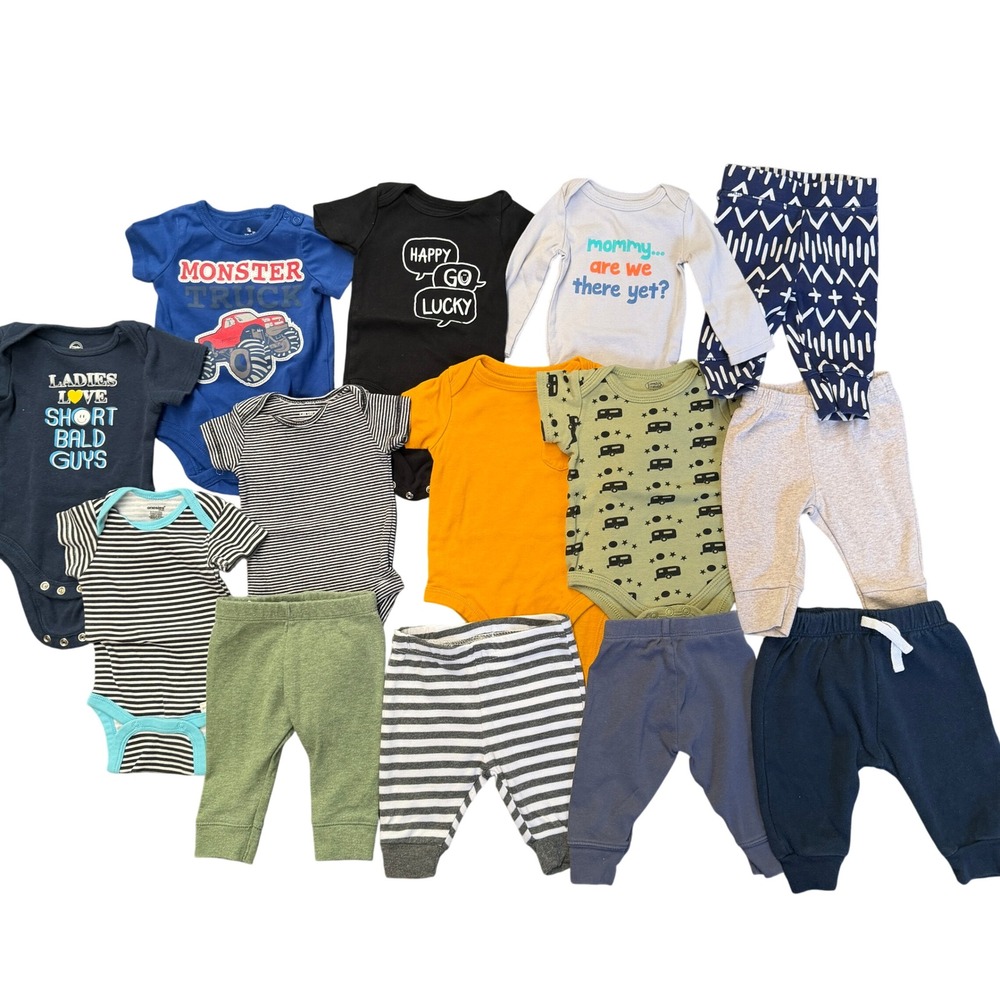 Baby Boy Clothes Lot NB 0-3M Bodysuits Pants Fun all season 14pc Bundle